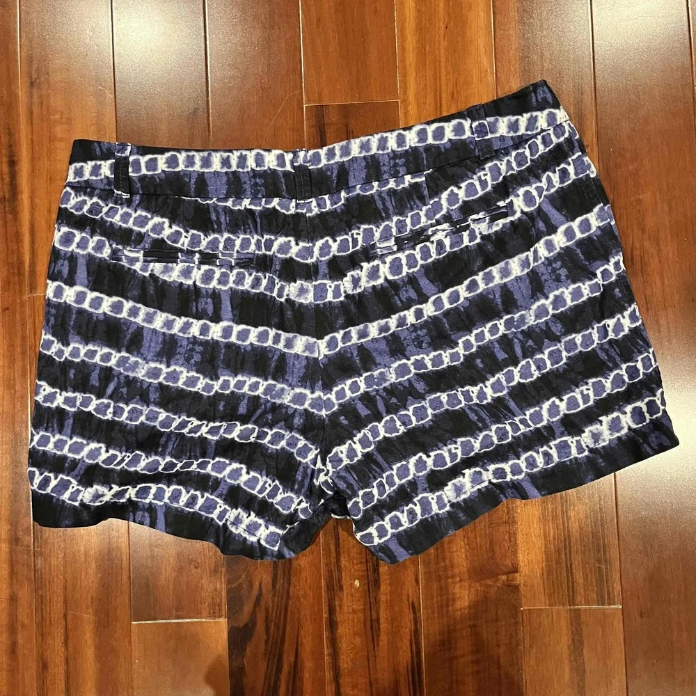 J Crew Blue White Shorts Linen Cotton Tie Dye Geo Pattern Zip Hook Closure Sz 12